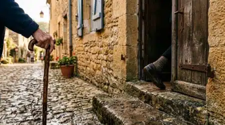 Femme âgée franchissant le seuil surélevé d'une maison ancienne
