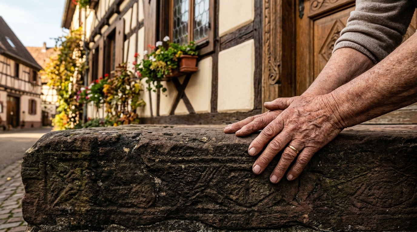 Main touchant un seuil en pierre d'une maison alsacienne traditionnelle