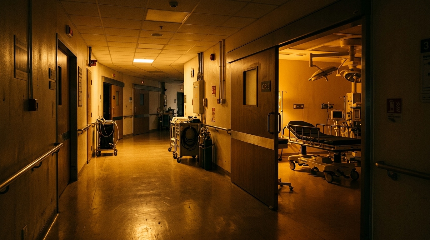 Couloir d'hôpital vide avec civière, lumière chaude