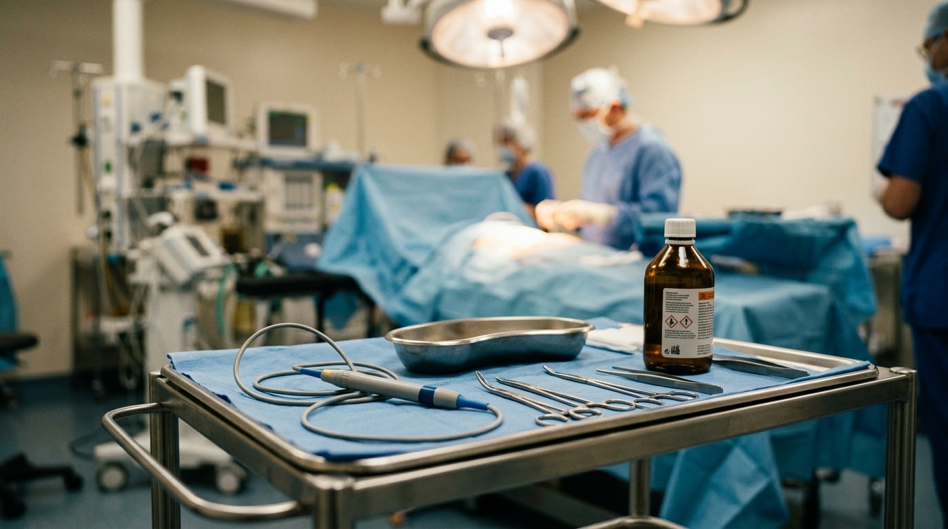Instrument chirurgical et désinfectant sur plateau médical