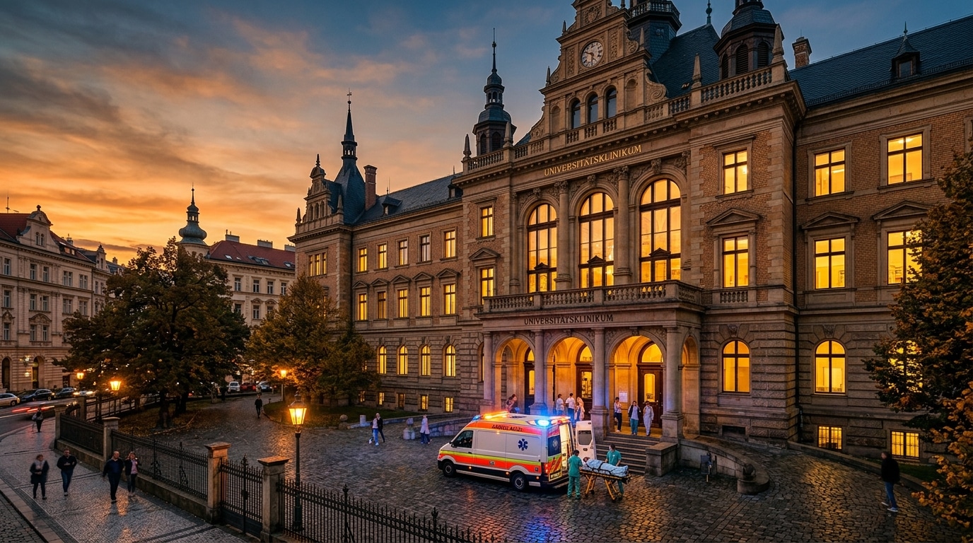 Façade d'hôpital universitaire européen au crépuscule