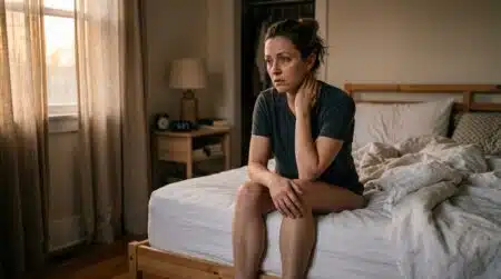 Personne fatiguée assise au bord du lit au réveil