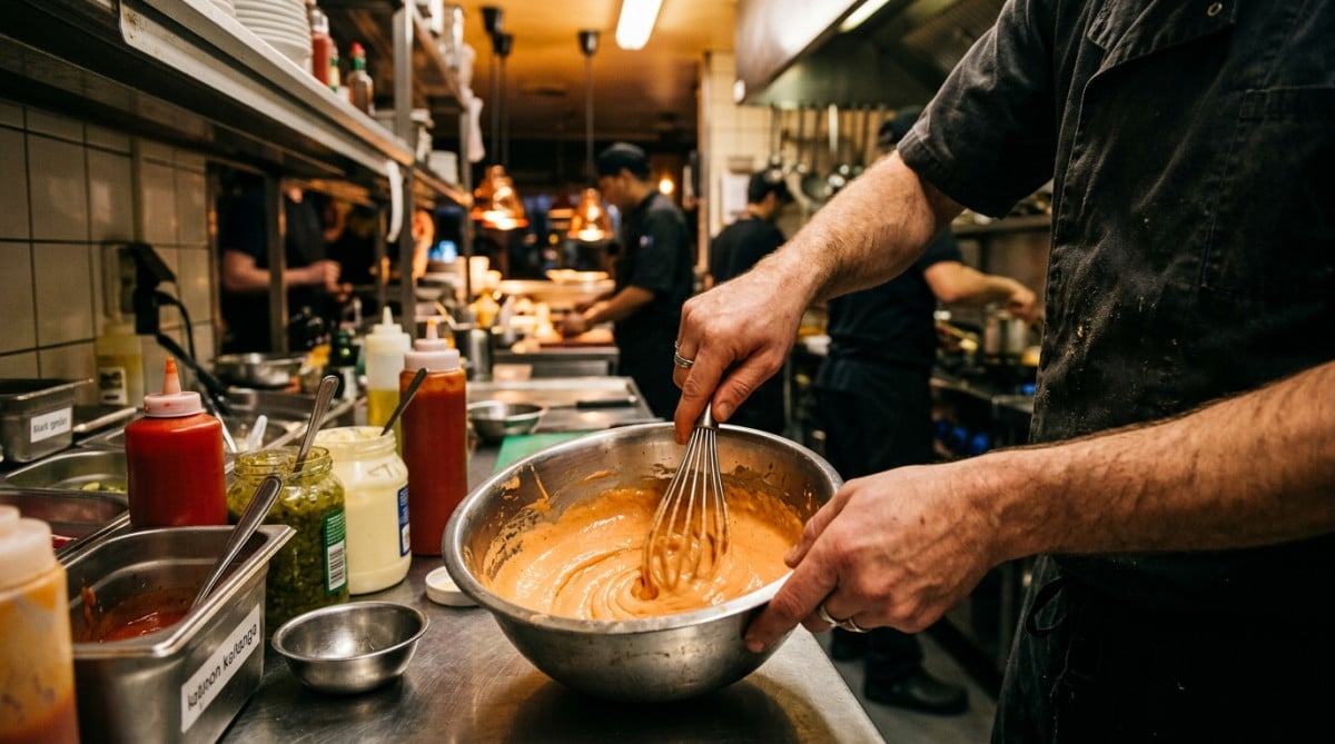 Préparation de la sauce spéciale dans une cuisine