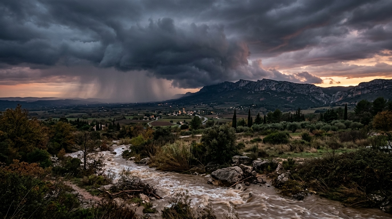 Nuages d'orage sur un massif montagneux et une plaine détrempée