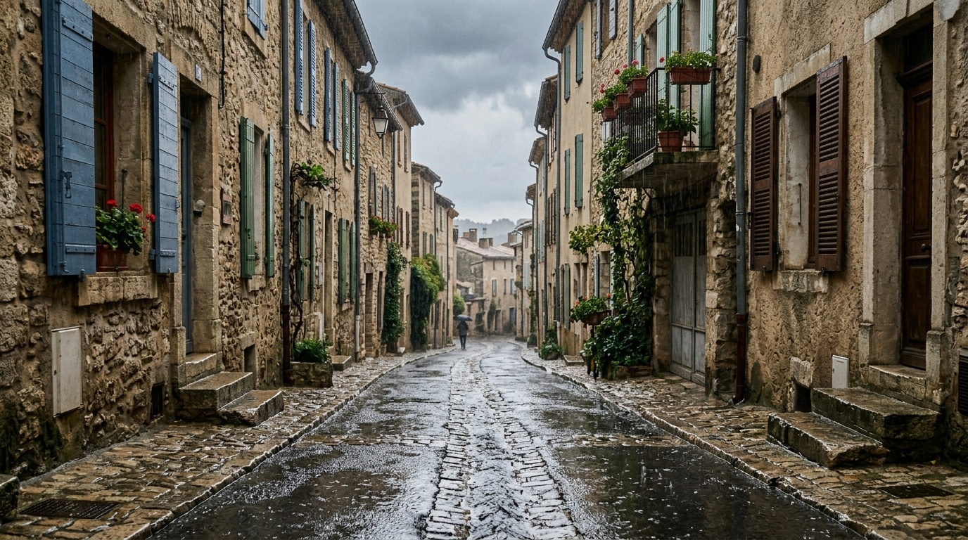 Ruelle de ville du Sud envahie par l'eau de pluie