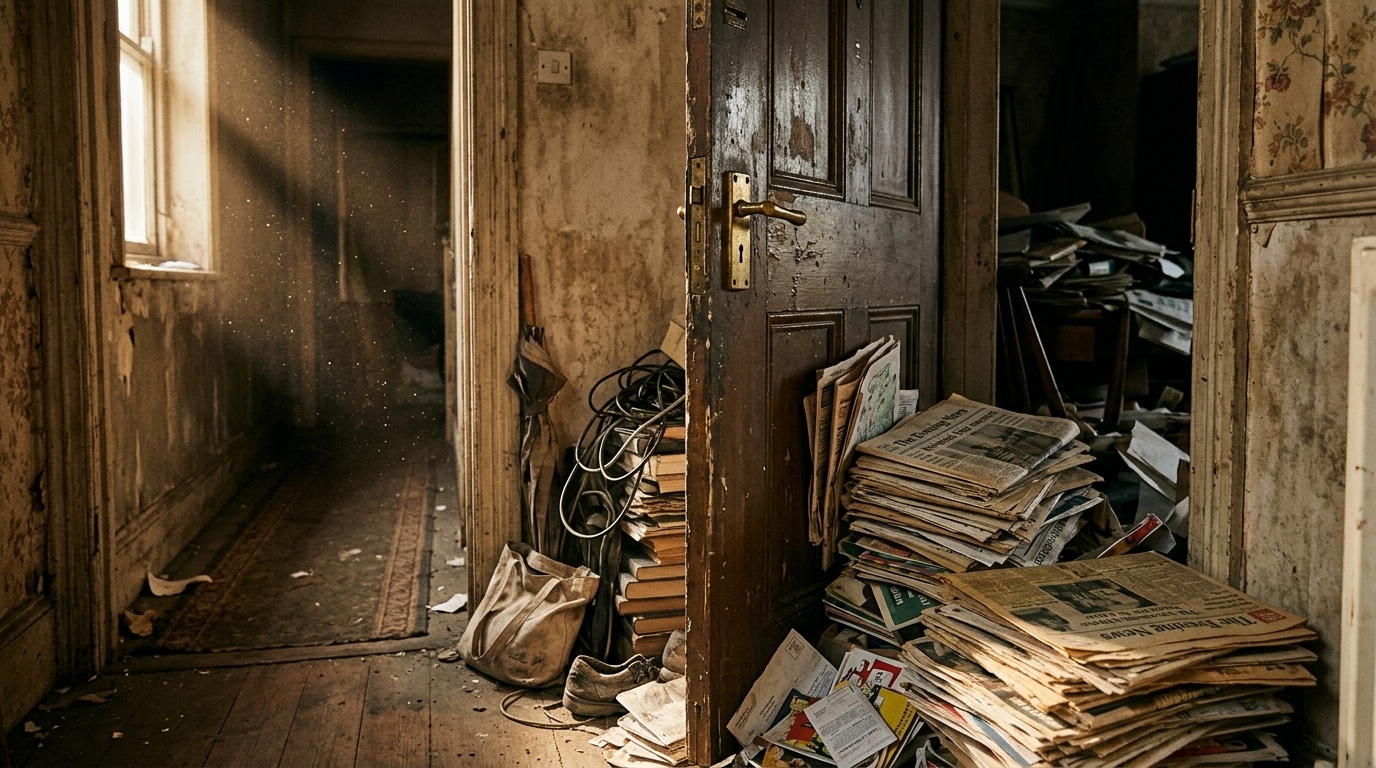 Porte d'appartement entrouverte encombrée d'objets