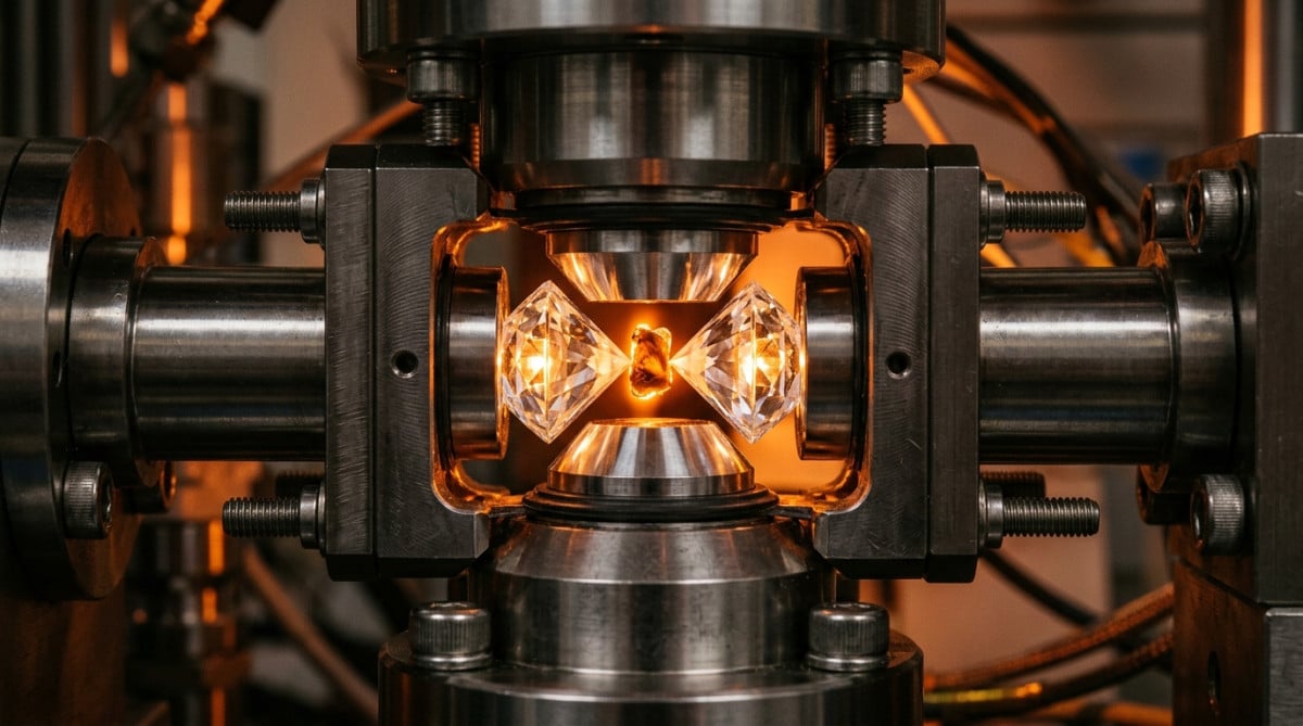 Presse à enclumes de diamant compressant un échantillon organique