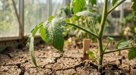 Plant de tomate asséché sous lumière chaude de serre