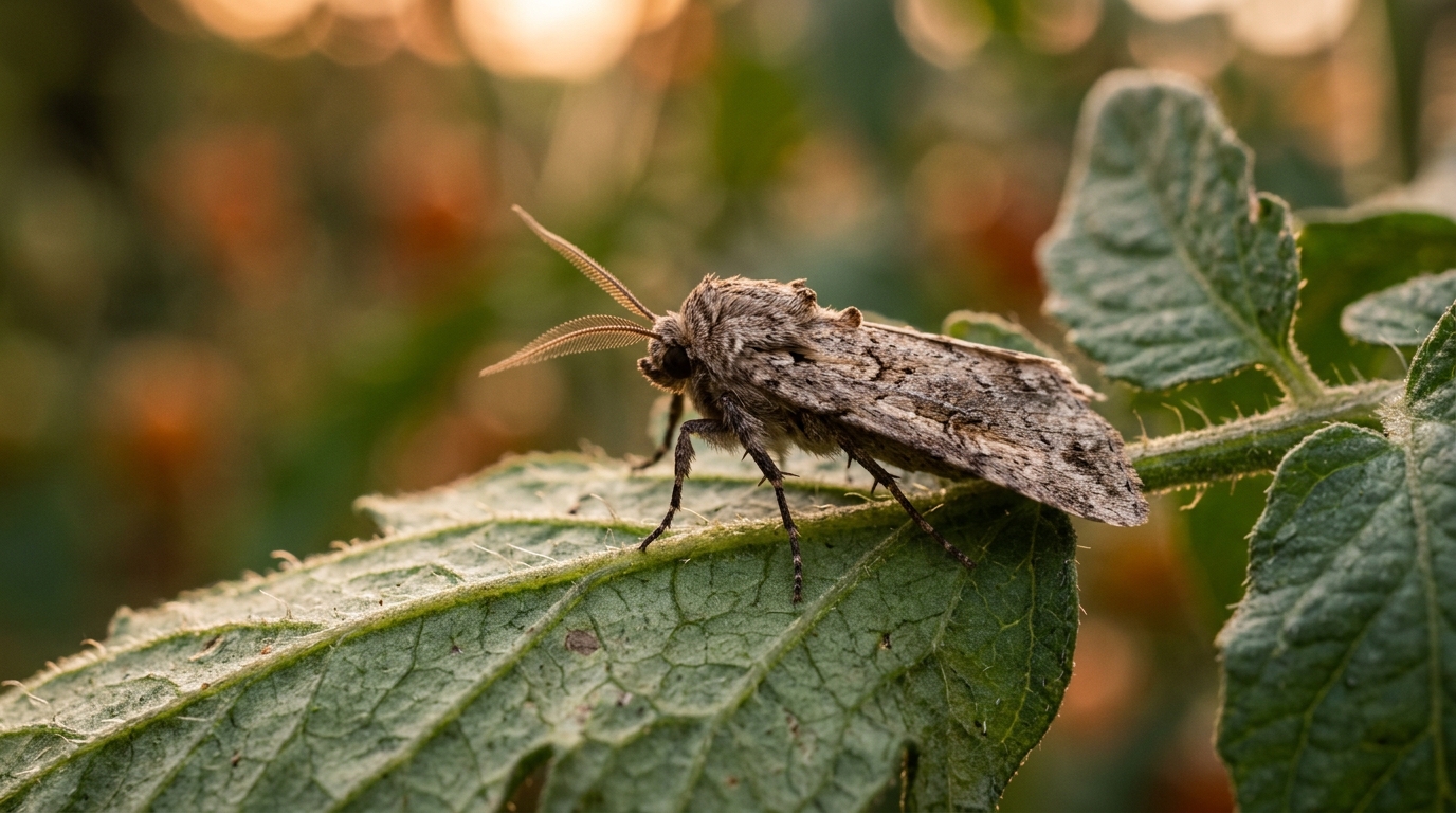 Papillon de nuit posé sur une feuille de tomate