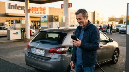 Automobiliste consultant les prix du carburant sur son téléphone