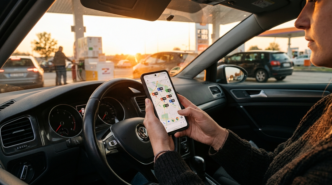 Femme comparant les prix de l'essence sur une application