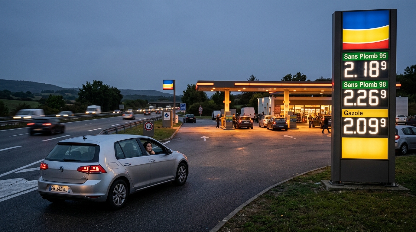 Station-service d'autoroute avec prix affichés au coucher du soleil