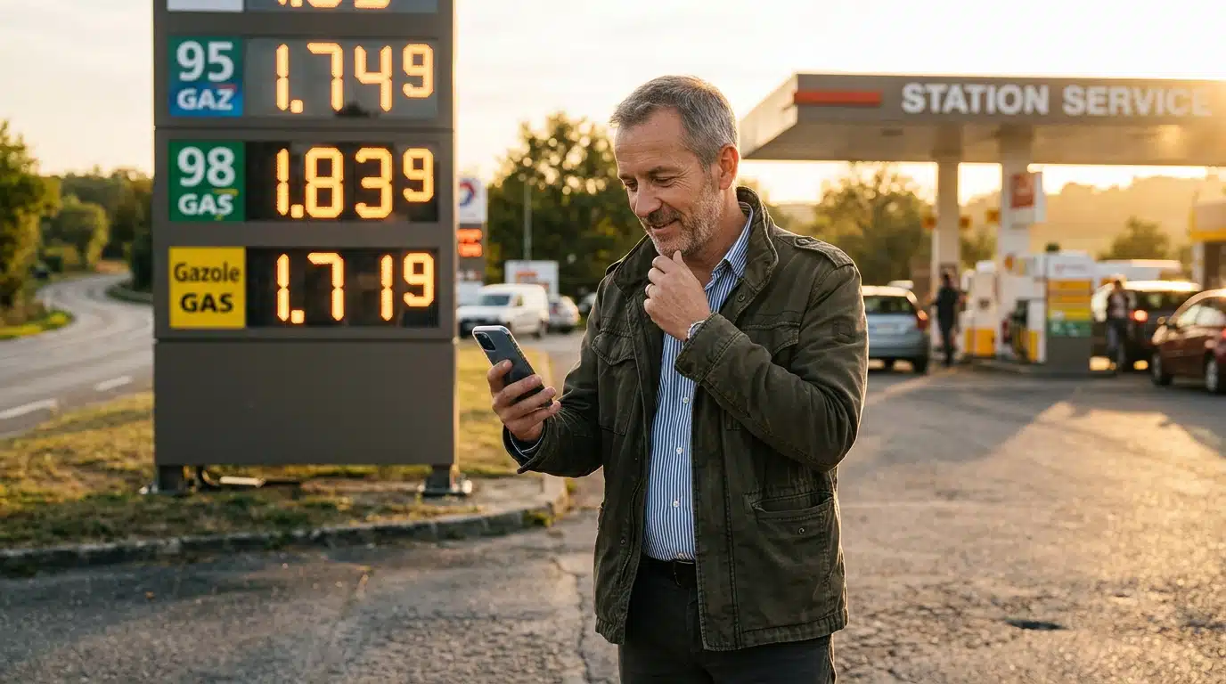 Automobiliste consultant les prix du carburant sur son téléphone