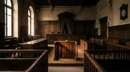 Banc vide d'une salle d'audience de cour d'assises