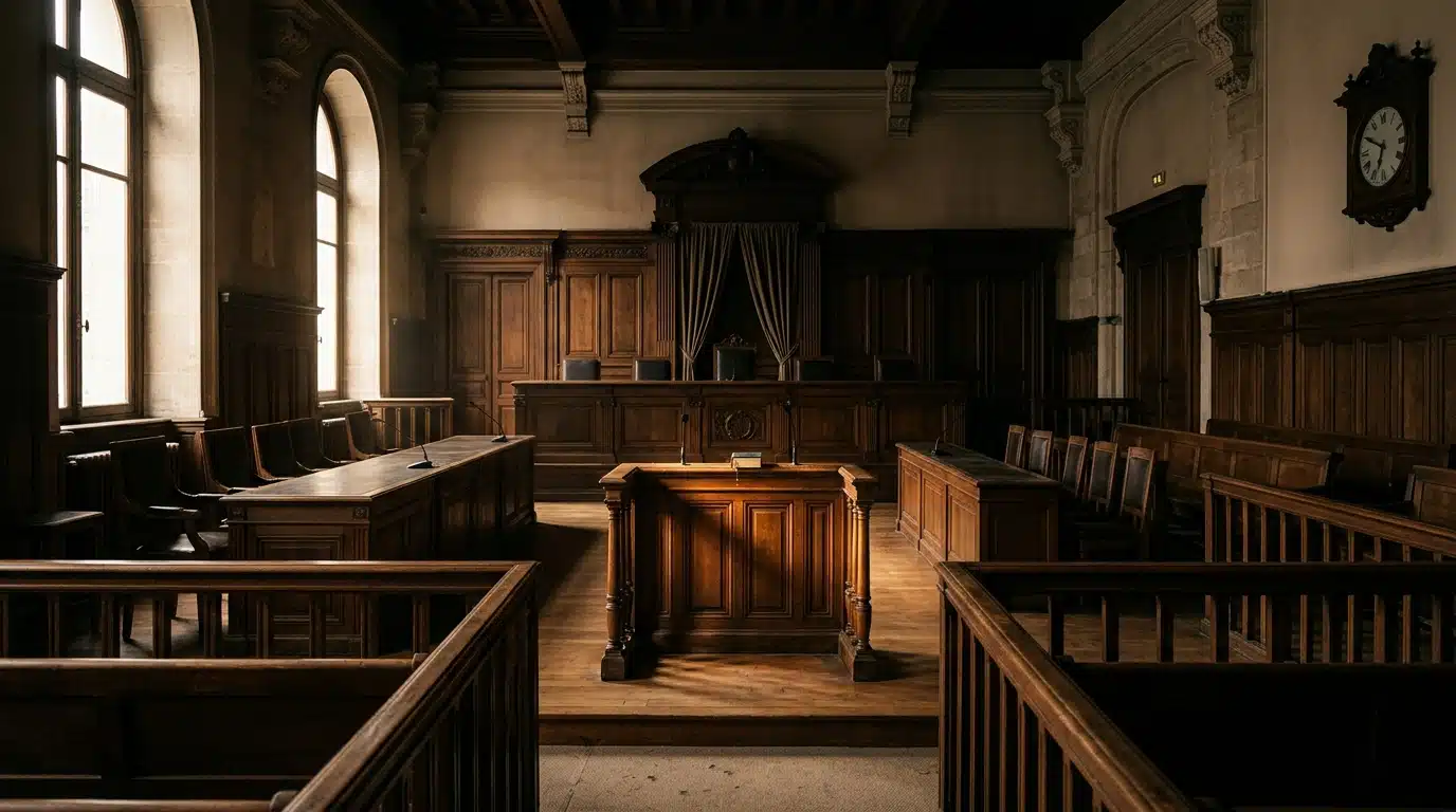 Banc vide d'une salle d'audience de cour d'assises