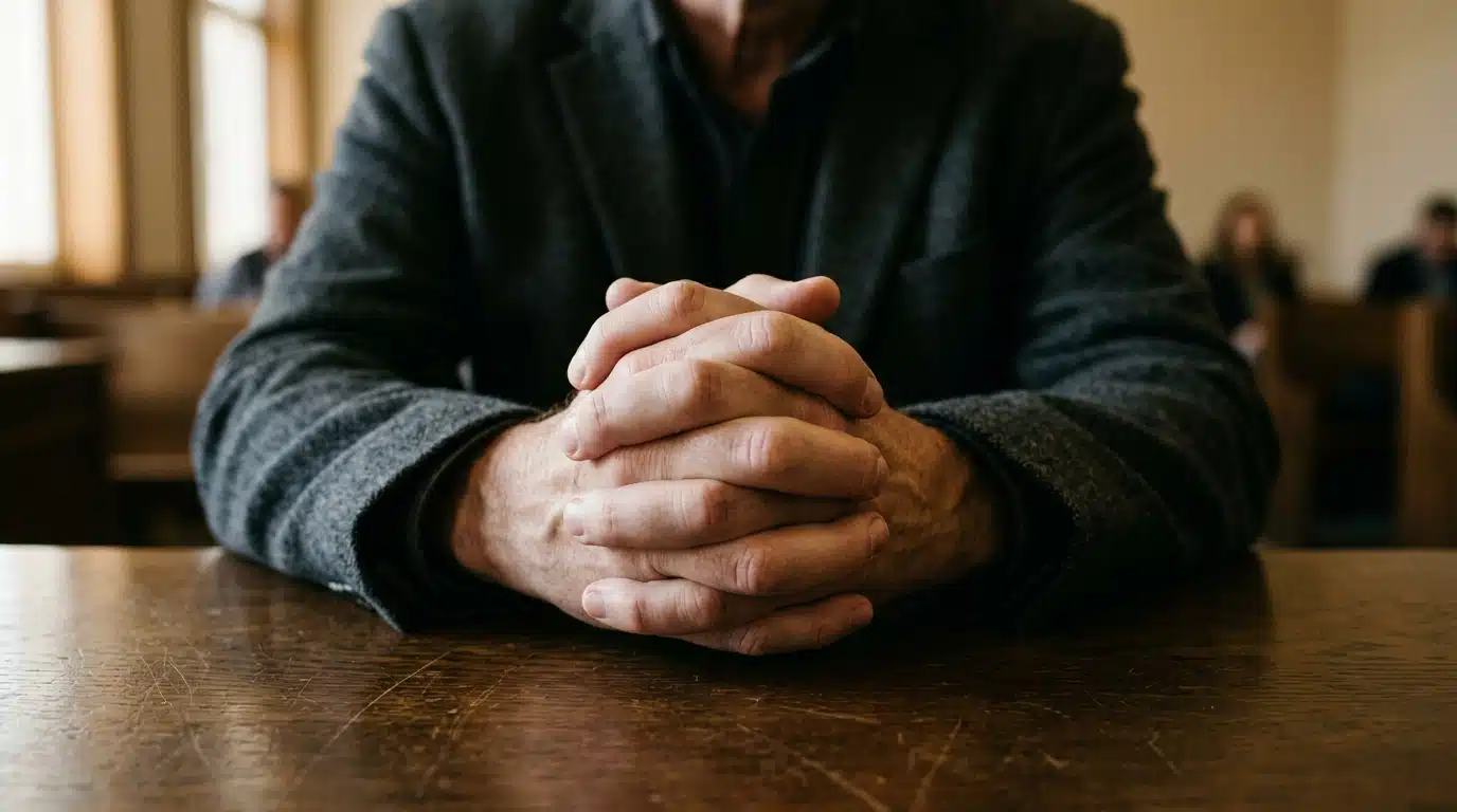 Mains crispées d'un homme anonyme sur une table