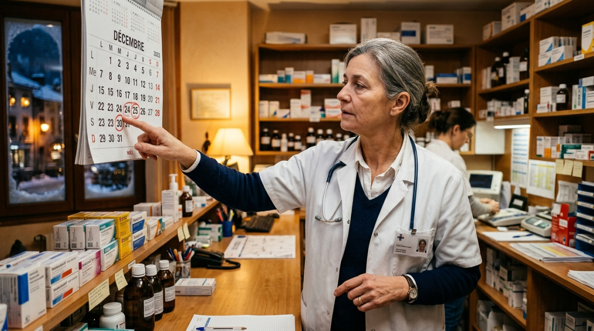 Professionnel de santé consultant un calendrier de décembre