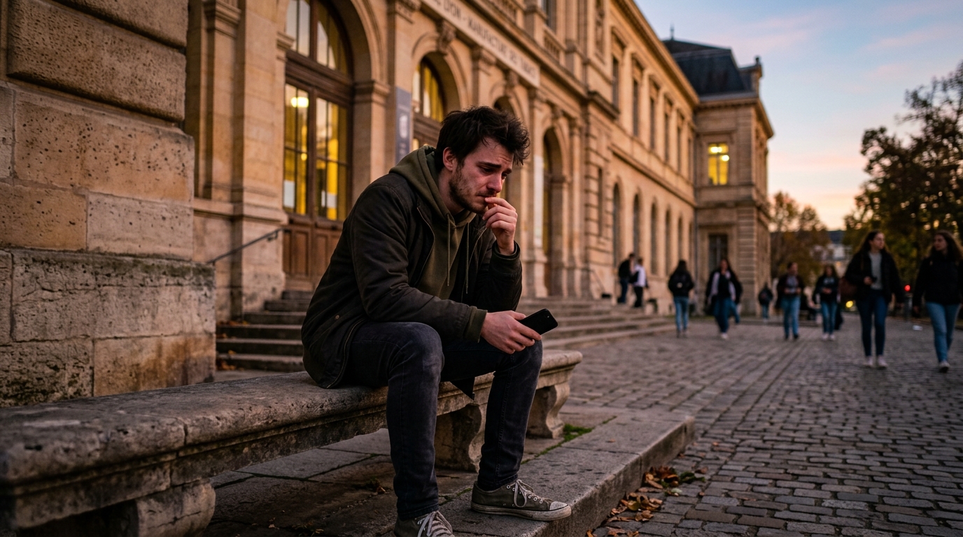 Jeune homme assis seul devant un bâtiment universitaire au crépuscule