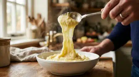 Purée collante formant un fil élastique au bout d'une cuillère