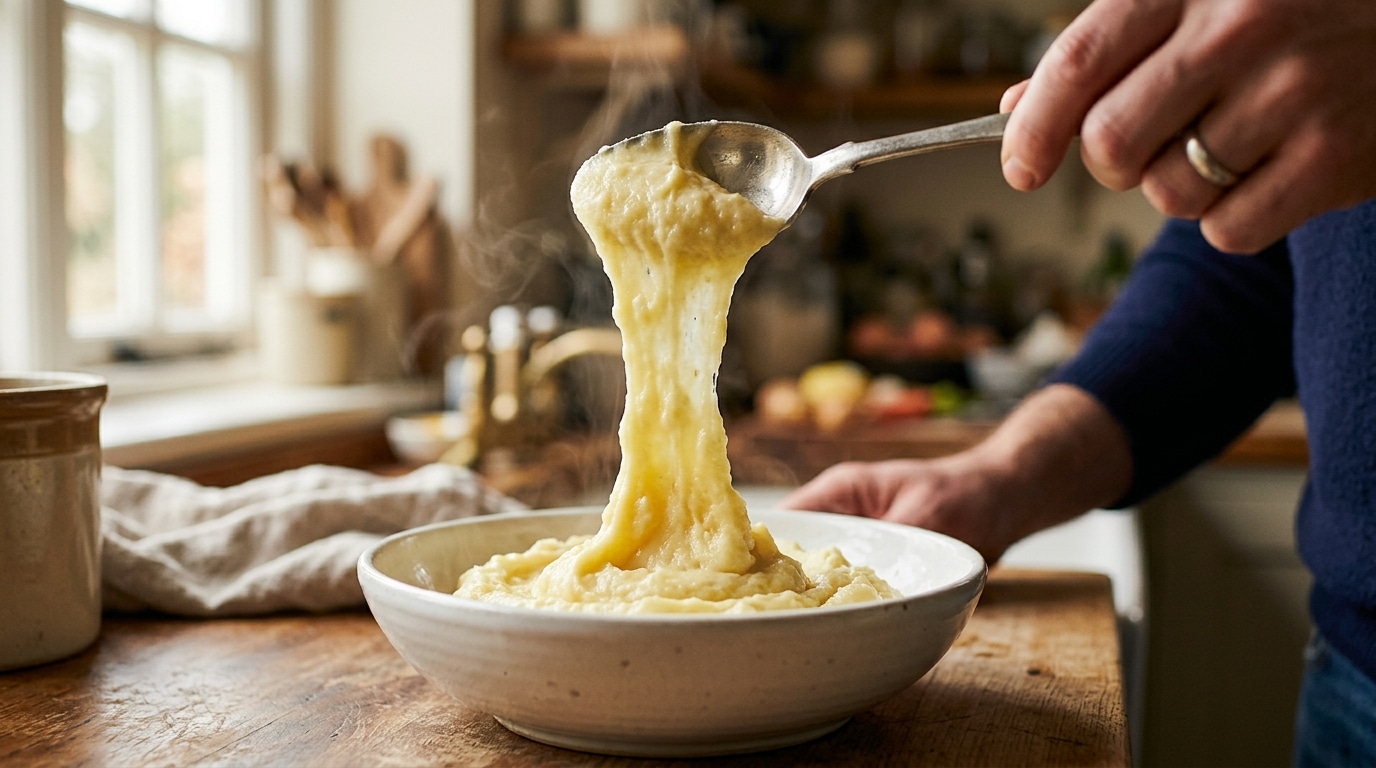Purée collante formant un fil élastique au bout d'une cuillère