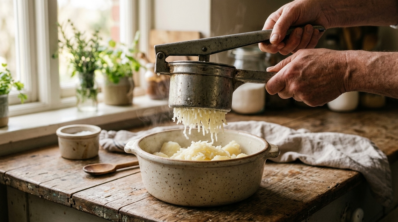 Presse-purée métallique utilisé sur des pommes de terre cuites