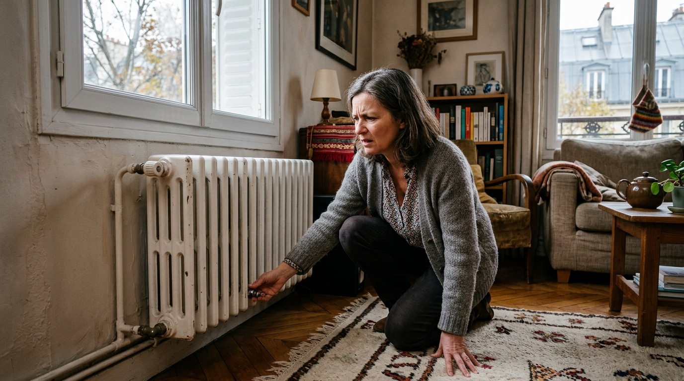 Homme vérifiant la chaleur d'un radiateur froid en bas