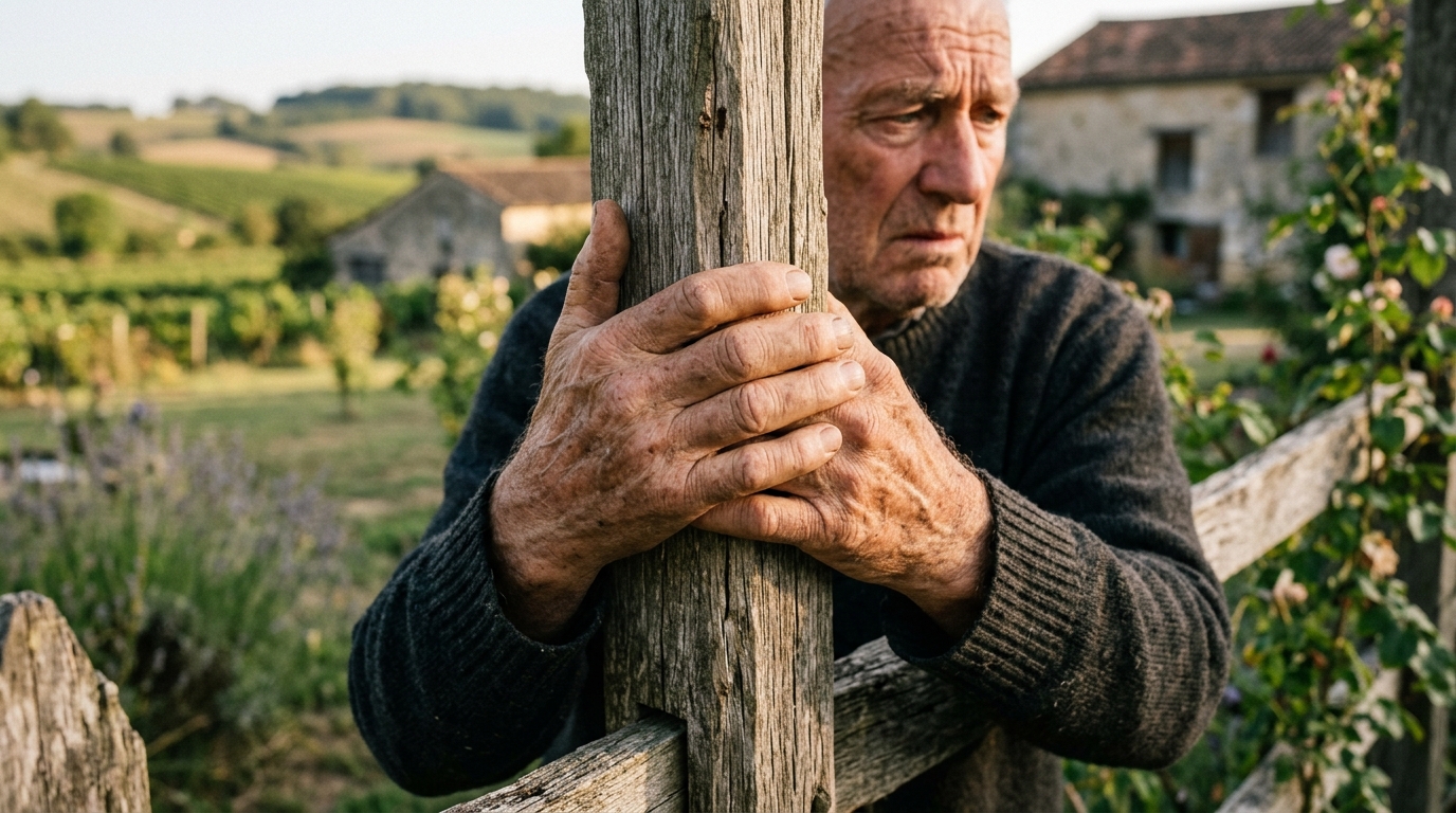 Mains âgées posées sur une clôture en bois rurale