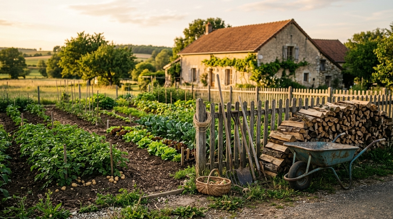 Rangées de légumes dans un jardin rural modeste