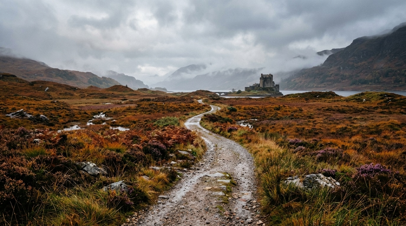 Lande écossaise brumeuse près du château de Balmoral