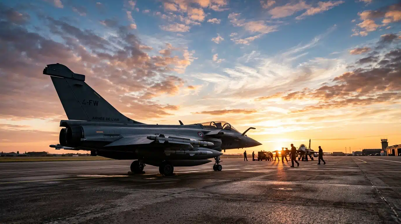 Avion de chasse Rafale sur tarmac au lever du soleil