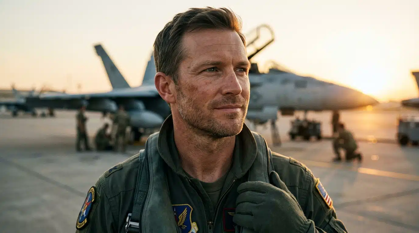 Portrait d'un aviateur regardant l'horizon avec détermination
