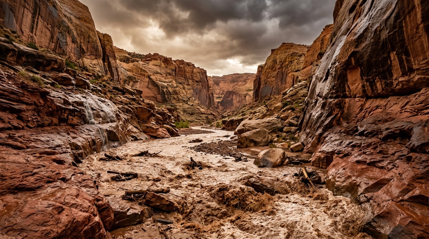 Canyon du Sud-Ouest américain inondé sous un ciel d'orage
