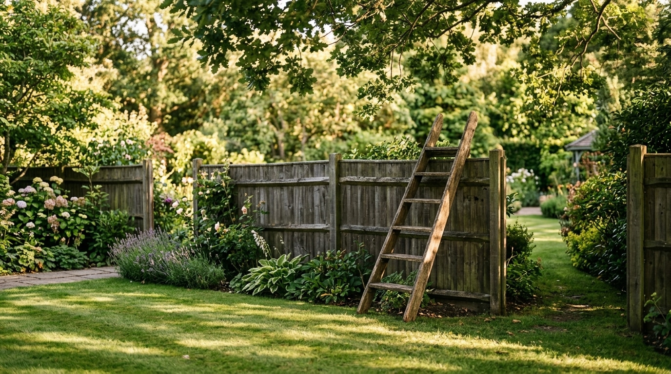 Échelle en bois appuyée contre une clôture de jardin