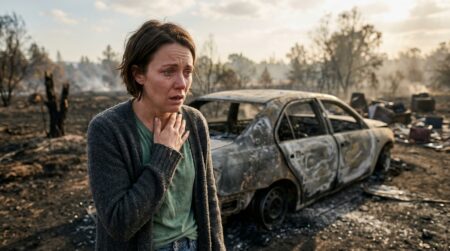 Femme bouleversée devant une voiture calcinée