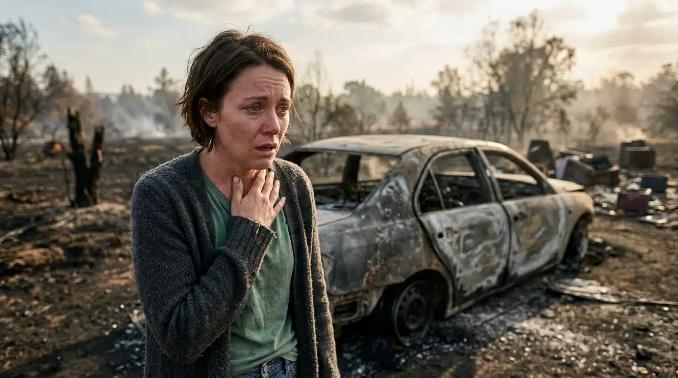 Femme bouleversée devant une voiture calcinée