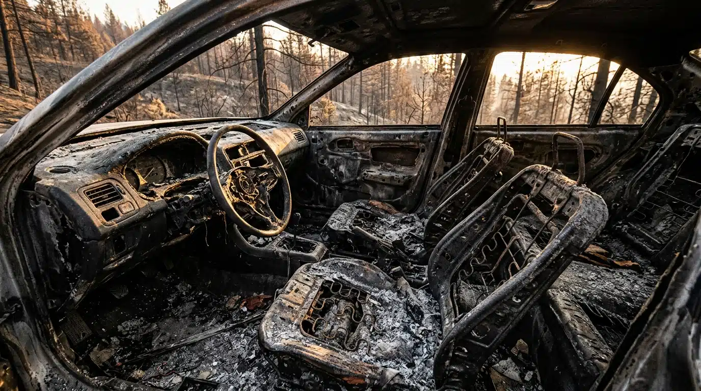 Intérieur d'une voiture brûlée après un incendie