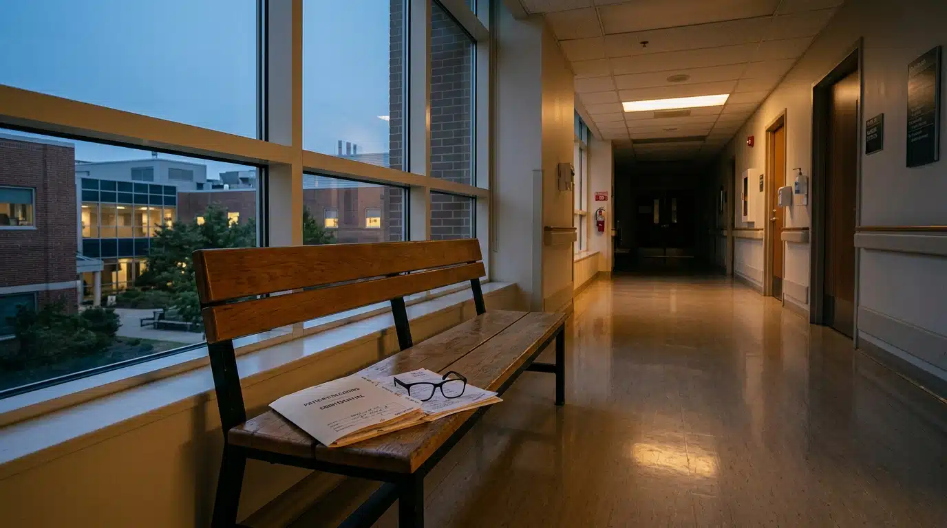 Banc d'hôpital vide avec dossier médical posé