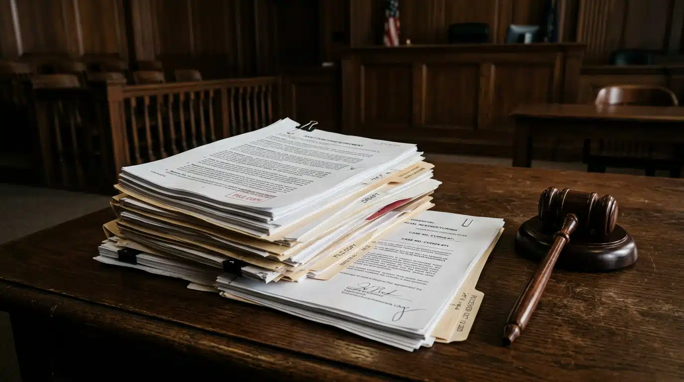 Documents juridiques et contrats financiers sur une table de tribunal