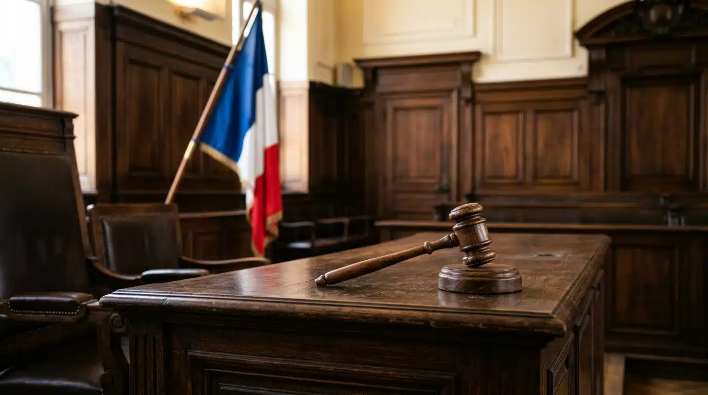 Banc de tribunal vide avec marteau de justice