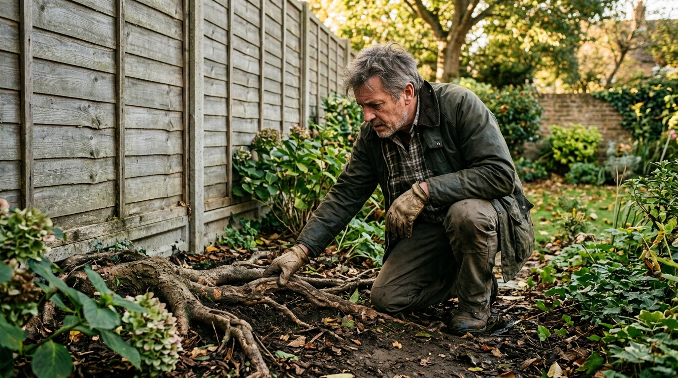 Homme examinant des racines d'arbre envahissant son jardin