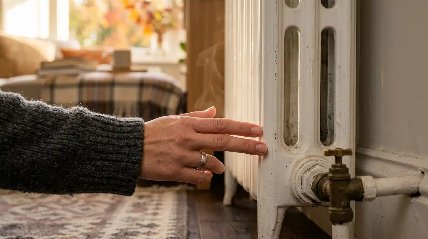 Main posée sur un radiateur blanc pour tester la chaleur