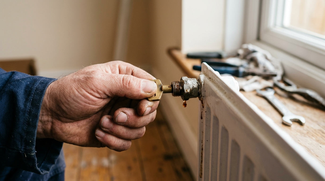 Clé de purge et dépôt sombre près d'une valve de radiateur