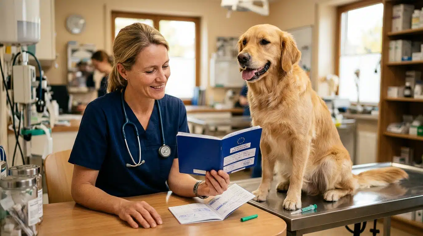 Vétérinaire vérifiant le passeport européen d'un chien