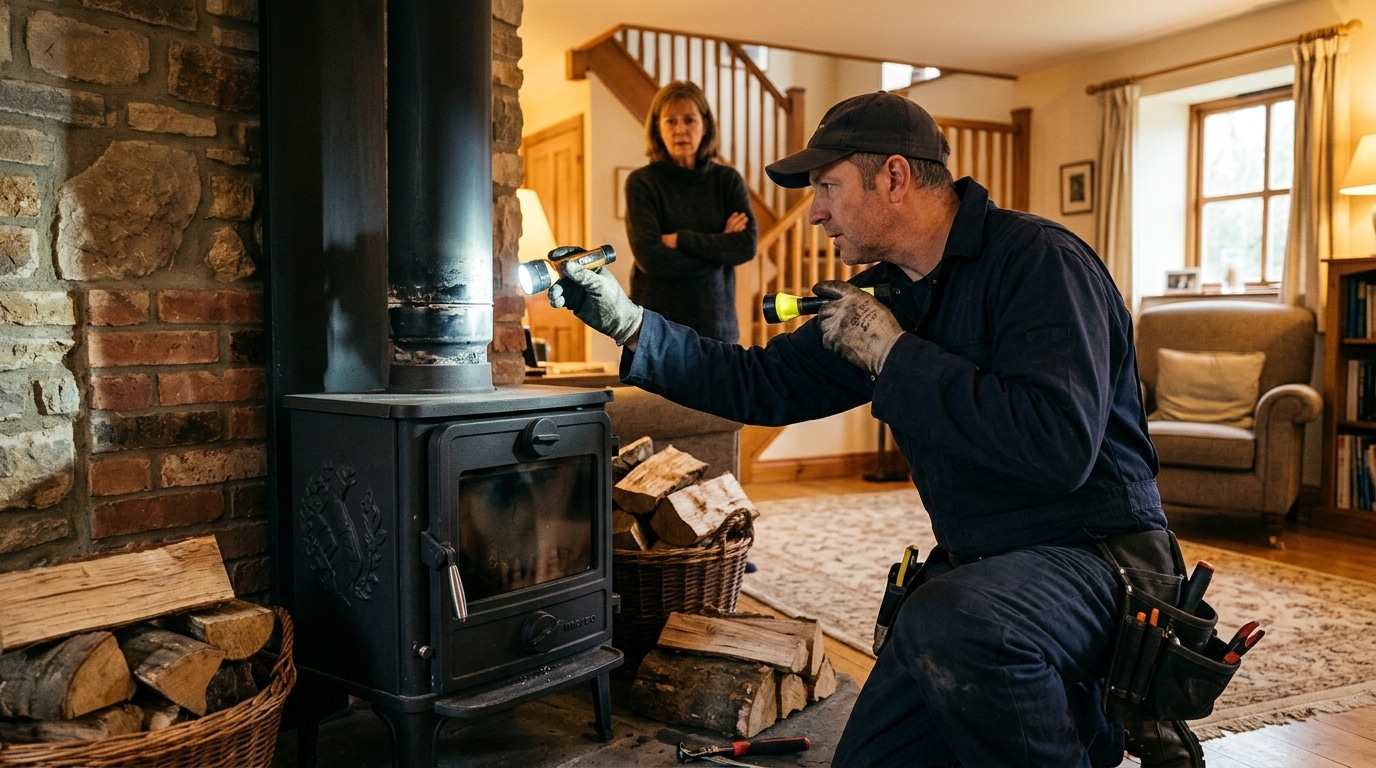 Professionnel vérifiant un conduit de poêle à bois