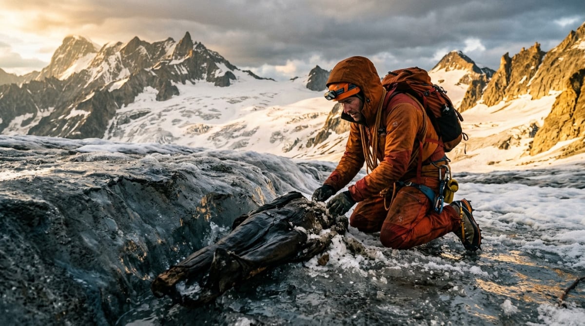 Randonneur découvrant la momie Ötzi dans le glacier alpin