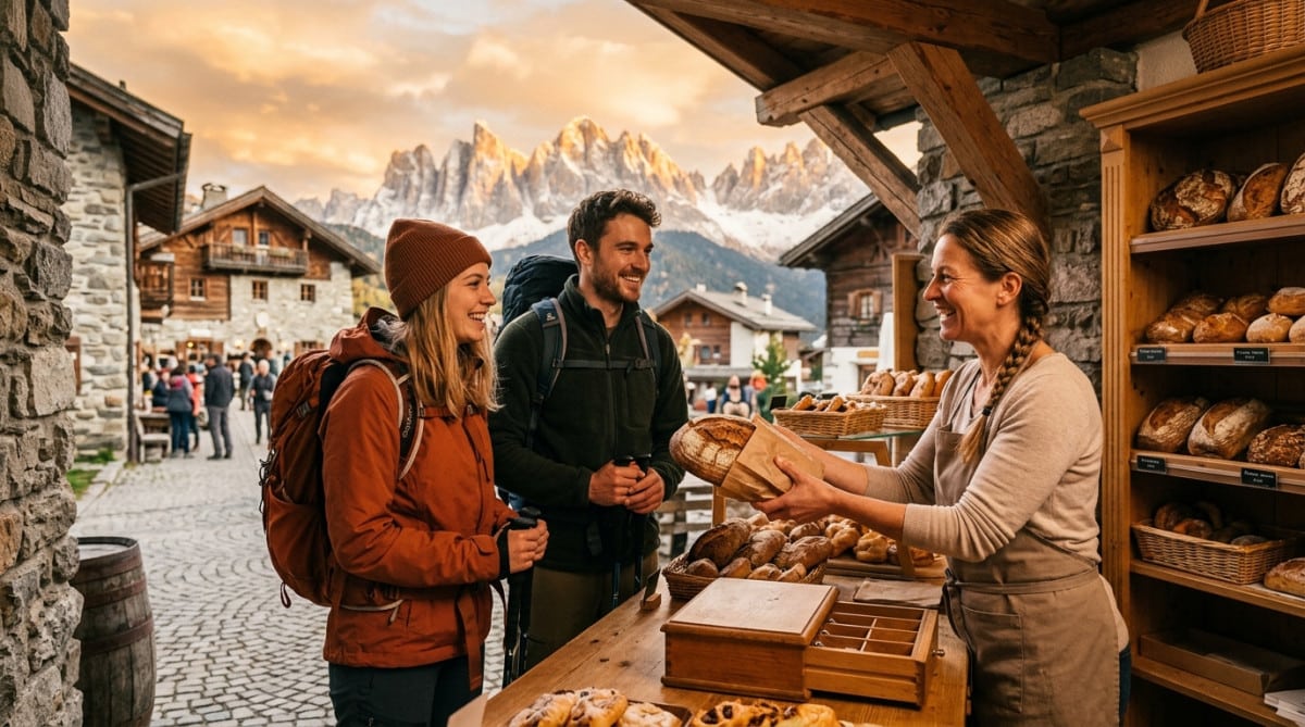 Randonneurs achetant du pain dans un village alpin
