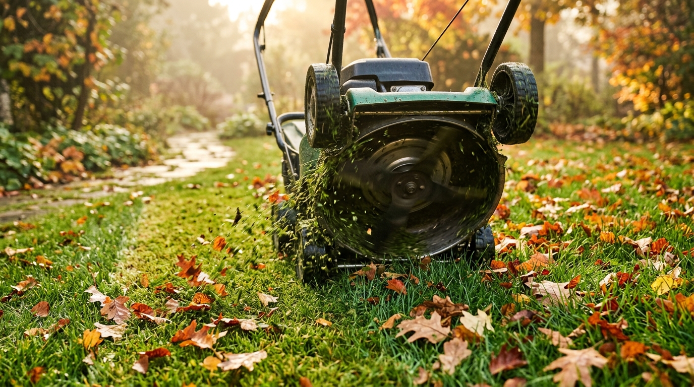 Tondeuse coupant du gazon parmi les feuilles d'automne