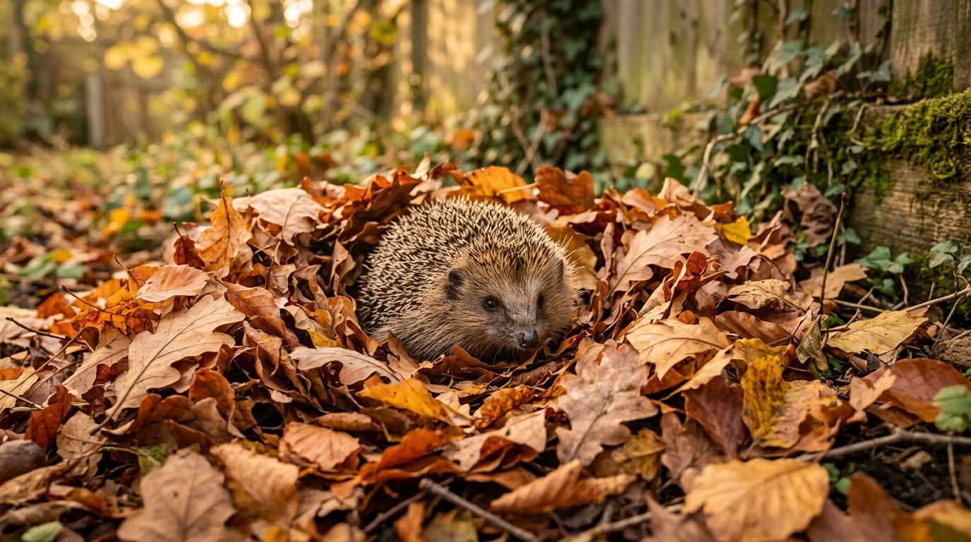 Hérisson caché dans un tas de feuilles mortes