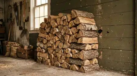 Bûches de bois empilées contre un mur de garage