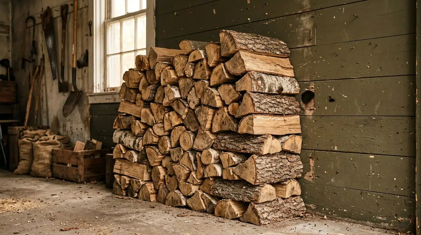 Bûches de bois empilées contre un mur de garage